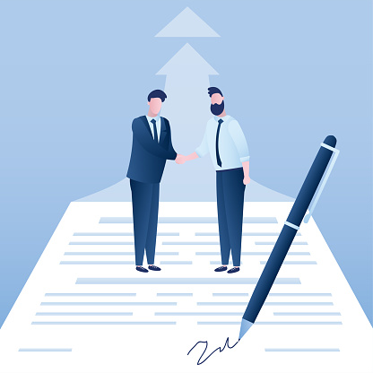 Businessmen make good deal. New project development. Two entrepreneurs shake hands after successful negotiations. Large pen signs the paper contract. Agreement, corporation relationship. Flat vector