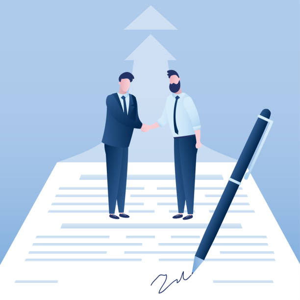 Businessmen make good deal. New project development. Two entrepreneurs shake hands after successful negotiations. Large pen signs the paper contract. Agreement, vector art illustration