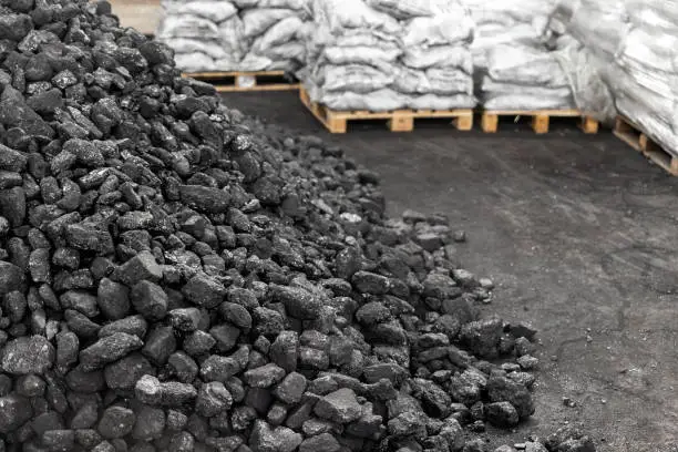 Photo of Big heap of dark black lump coal on floor bulk. Charcoal sorage at warehouse stock reserve. activated anthracite packed in plastic bag sack on wooden pallet. Industrial and mining industry background