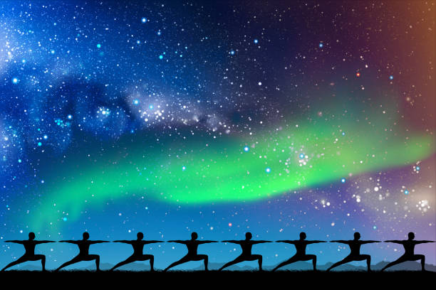 Men in warrior pose Yogi silhouette at night. Green aurora borealis shaolin monastery stock illustrations