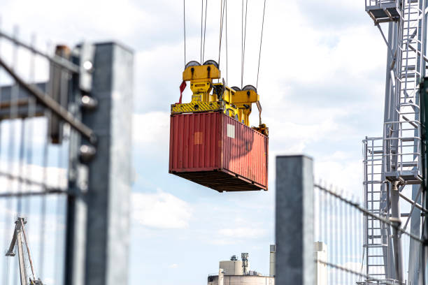 A still image of a cargo truck in container terminal in the Port of Tacoma, Washington State on a sunny day.