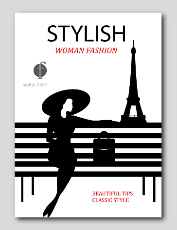 Abstract woman with black hair and dress with Eiffel tower.  Fashion magazine cover design for the summer holiday season. Vector illustration