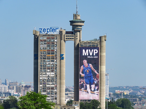 Belgrade, Serbia, May 12, 2022. Nikola Jokic's billboard on the highest building in Belgrade, capitol of Serbia, his homeland. The billboard was placed in honor of his second NBA - MVP title!