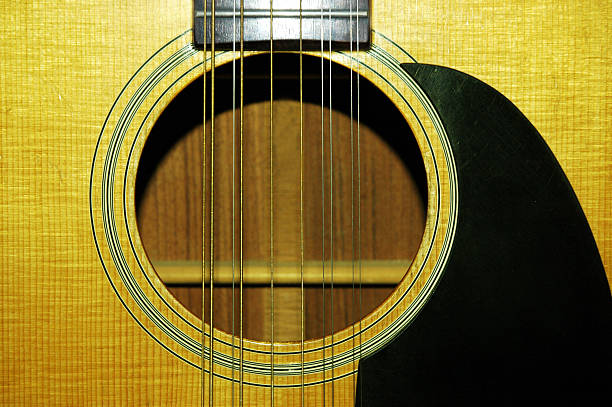 Twelve string guitar sound hole stock photo