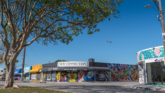 Miami, Florida - May 12, 2022: View of painted walls by artists at Wynwood, Miami. The Wynwood Walls is the outdoor museum that has brought the world's greatest artists working in the graffiti and street art genre to Miami.