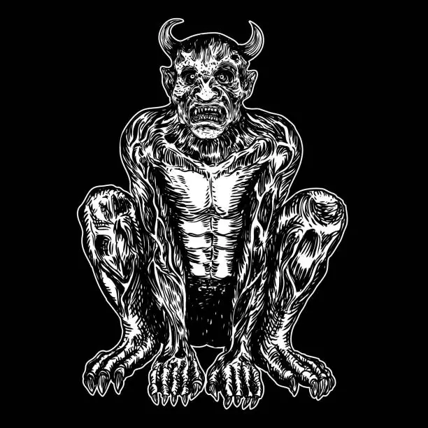 Vector illustration of Demon, human like monster creature chimera with fangs horns, and claws. Mystic and occult hand drawn engraved devil vector.