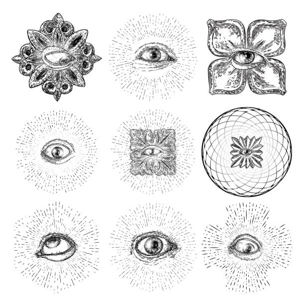 illustrazioni stock, clip art, cartoni animati e icone di tendenza di set di vari disegni dell'all seeing eye in diverse direzioni ed emozioni. il simbolo dei massoni come elemento di design opzionale. visione umana. vettore. - an all seeing eye