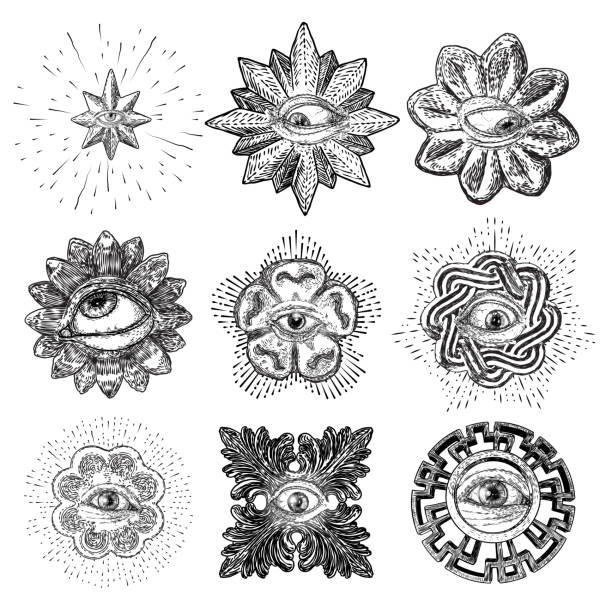 illustrazioni stock, clip art, cartoni animati e icone di tendenza di insieme di vari disegni dell'occhio che tutto vede in diverse direzioni ed emozioni. il simbolo dei massoni come elemento di design opzionale. visione umana. vettore. - an all seeing eye