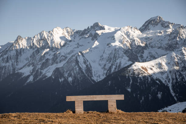 View of the snowy mountains in the ski resort of Superbagneres, France