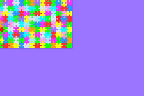 istock Connected colorful puzzle jiggle pieces on violet background. Copy space. 3d render 1396907140
