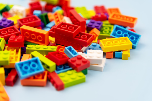 Close up of colorful building block with copy space