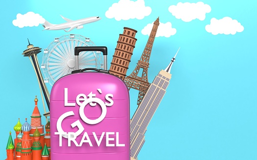 Let’s Go Travel text on summer travel concept with purple luggage on blue sky background. Summer and holiday travel concept. Easy to crop for all your social media and print size.