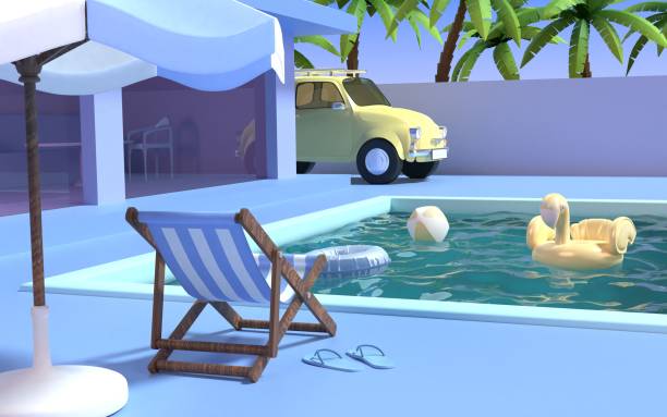 istock Retro Summer Holiday Villa with Swimming Pool Scene 1396910018