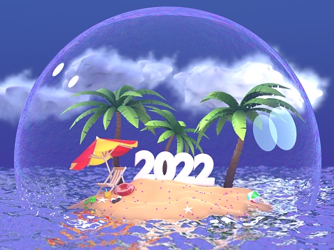 Summer vacation figures in 2022 on deserted island under the dome. Summer and holiday travel concept. Easy to crop for all your social media and print size.