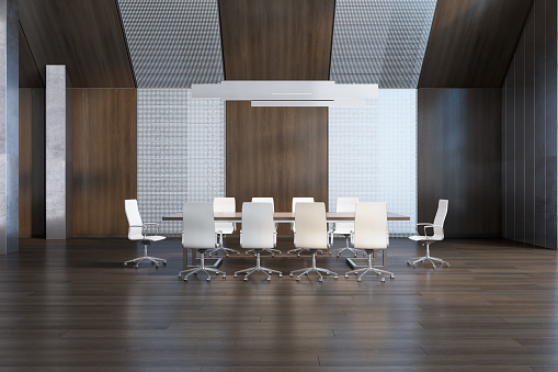 Contemporary wooden meeting room interior with furniture and daylight. 3D Rendering