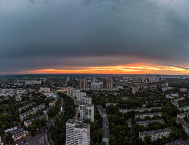 istock Epic aerial sunset view, city residential district 1396911075