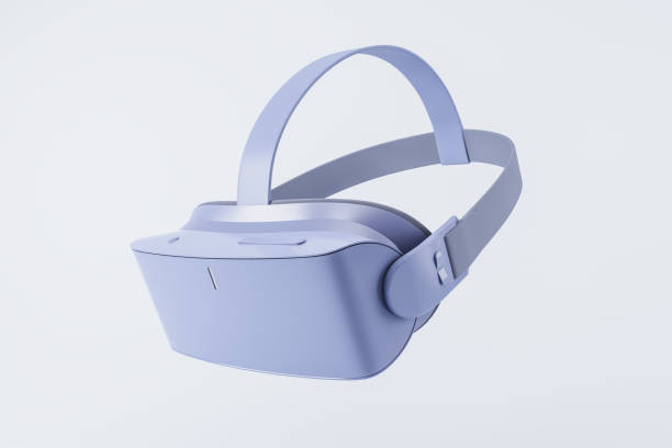 istock Virtual reality concept with side view on modern purple VR headset on light background. 3D rendering 1396911947