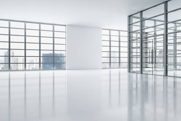 istock Modern exhibition interior with panoramic window frame and city view, daylight and white mock up place on wall. Gallery and museum concept. 3D Rendering. 1396912116