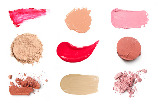 Set of different cosmetic samples on white background. Beauty and makeup concept.
