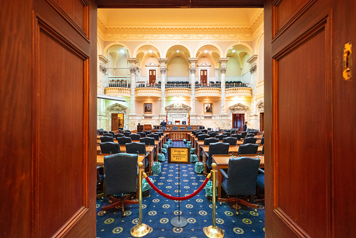 Annapolis, Maryland, USA - April 2, 2015: Interior of the Maryland State House in the Chamber of the Maryland State Senate.