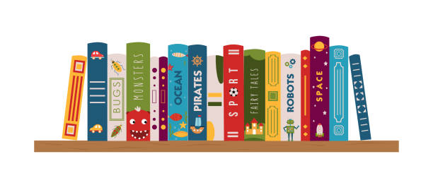 bücherregal mit kinderbüchern. literatur für jungen. lesen für kinder. bunte buchdeckel. banner für schule, bibliothek, buchhandlung, messe, festival. - bücherregal stock-grafiken, -clipart, -cartoons und -symbole