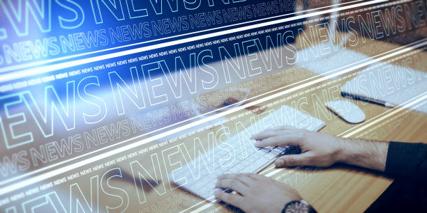 istock Close up of hands using computer at office desktop with abstract glowing blue breaking news pattern background. Headline, communication and global world concept. Double exposure. 1396916863