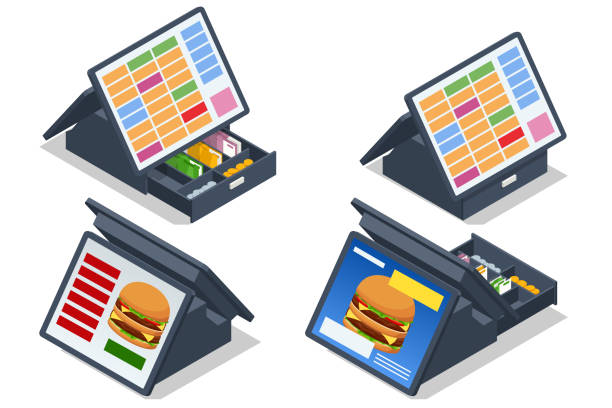ФаÑÑÑÑд каÑÑовÑй ÑеÑминал Isometric Fast food checkout terminal. Card payment terminal in fast food restaurant. quick service restaurant cashier stock illustrations