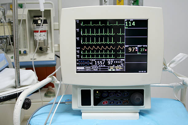 Portrait of a cardio monitor with lines and numbers stock photo