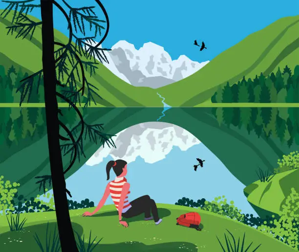 Vector illustration of Girl enjoying mountain lake landscape illustration