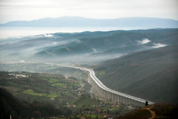 Landscape above the town of Cahors with bridge of the A20 motorway (L’Occitane), France