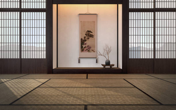 Traditional japanese empty room interior with tatami mats and sun light.3d rendering stock photo