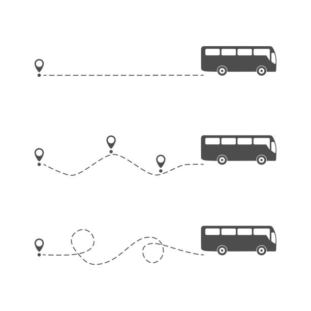 Bus icon with line start point set Bus icon with line start point set. Scooter driving on dotted route with map pin. Vector isolated on white dotted line stock illustrations
