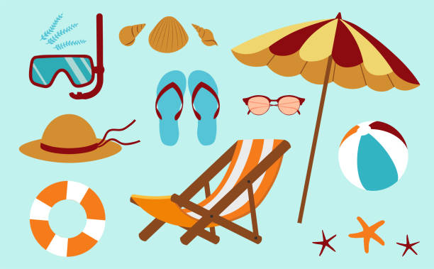 ilustrações, clipart, desenhos animados e ícones de temas da praia summer set ilustração vetorial em estilo plano - máscara de mergulho