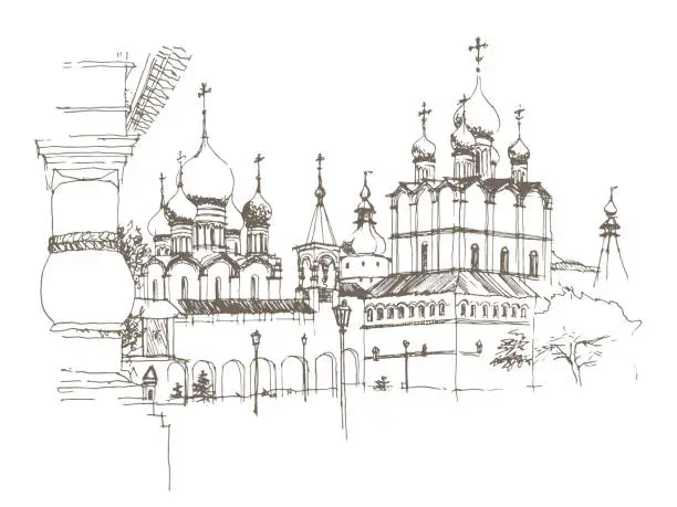 Vector illustration of Vector traced brown ink and pen hand drawn landscape with architectural ensemble of the Rostov Kremlin, Russia