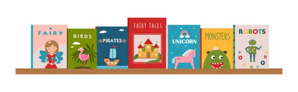 Vector illustration of Bookshelf with children's books. Illustrated covers of books.  Literature for kids. Children's reading. Colorful books covers. Front view of books. Banner for library, bookstore, fair, festival.