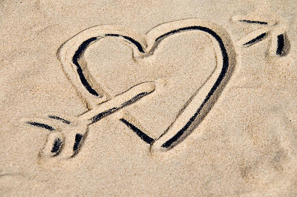 Heart depicted in sand stock photo