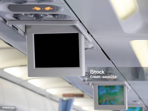 Airplane Cabin Interior With A Blank Video Screen Stock Photo - Download Image Now - Airplane, Arts Culture and Entertainment, Blank