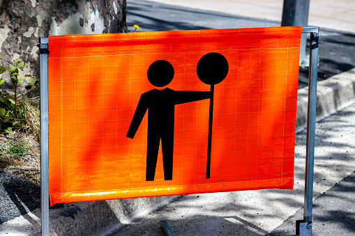 pedestrian crossing - yellow traffic sign signaling crosswalk