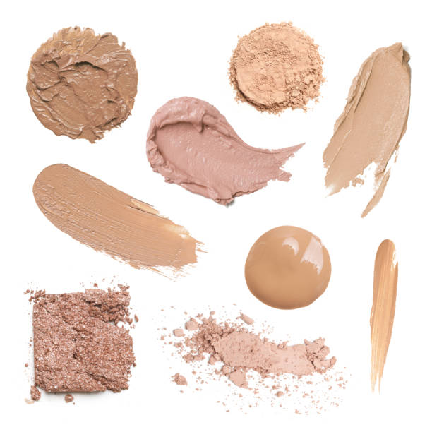 istock Set of liquid, ceamy and powder makeup samples islated on white background. Decorative cosmetic smears. Concealers, correctors and foundation swatches. 1396923406