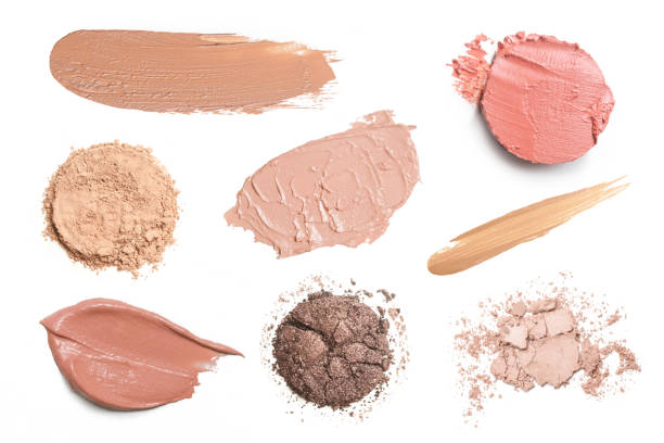 istock Set of liquid, ceamy and powder makeup samples islated on white background. Decorative cosmetic smears. Concealers, correctors and foundation swatches. 1396923407