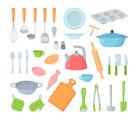 Kitchen utensils. Cartoon cooking tools and kitchen utensils, dishes cups pans pots and knives. Vector set illustrator tableware cooking for dinner