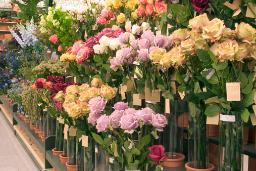 A display of artificial flowers for sale in this store