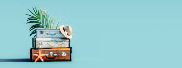 Stacked luggage with palm leaf on turquoise blue background 3D Rendering, 3D Illustration