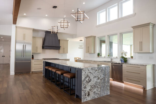 Beautifully designed kitchen in residential green construction project stock photo