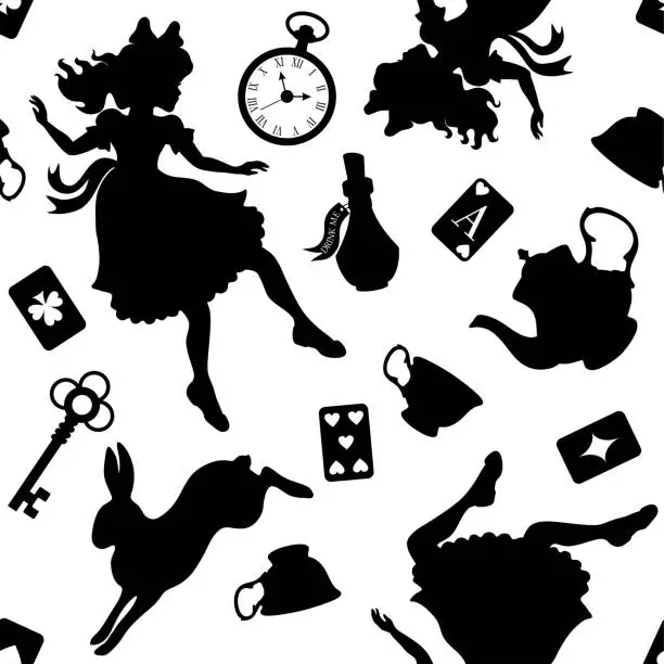 Vector illustration of Wonderland seamless pattern. Black silhouettes Alice, rabbit, key, tea cup and other  on a white background. Texture for fabric, wallpaper, decorative print