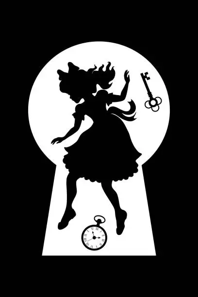 Vector illustration of Alice falls down the rabbit hole through the keyhole. Vector illustration of wonderland. Black silhouettes isolated on a white background