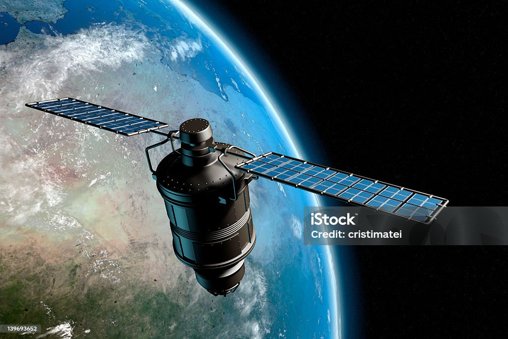 Satelite and earth 7 Satellite orbiting earth, photo-realistic high-res 3D rendering Satellite Stock Photo