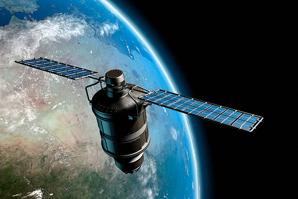 Satelite and earth 7 Satellite orbiting earth, photo-realistic high-res 3D rendering satellite stock pictures, royalty-free photos & images