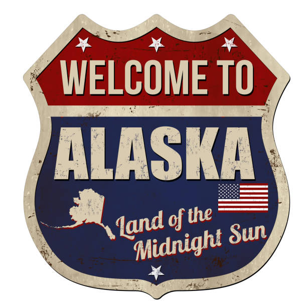 willkommen sie bei alaska vintage rostigen blechschild - alaska stock-grafiken, -clipart, -cartoons und -symbole