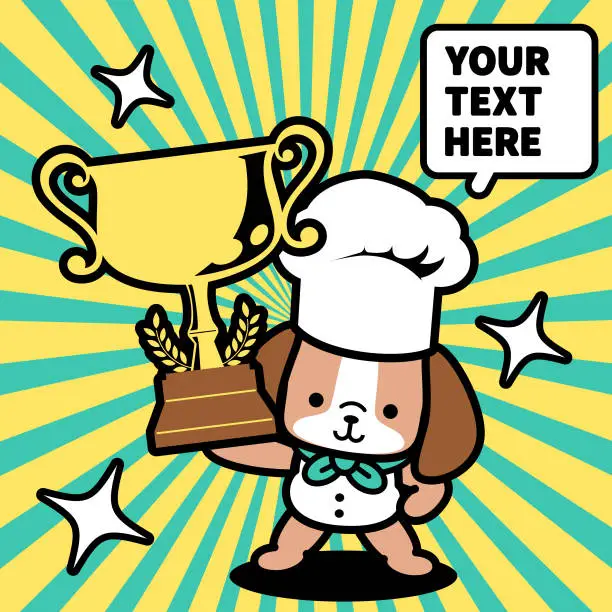 Vector illustration of A cute dog chef wearing a chef's hat is lifting a trophy and standing with one hand on his hip